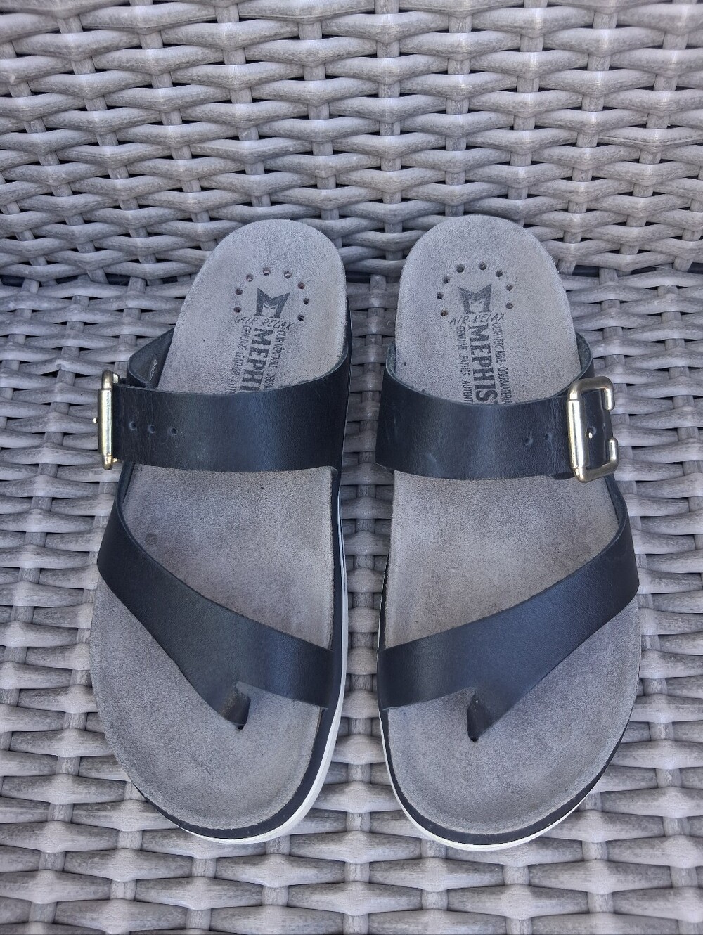 Mephisto Black Leather Buckle Slide Sandals